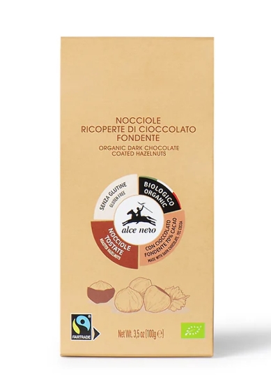 BIO Pražené lískové říšky v hořké čokoládě Alce Nero